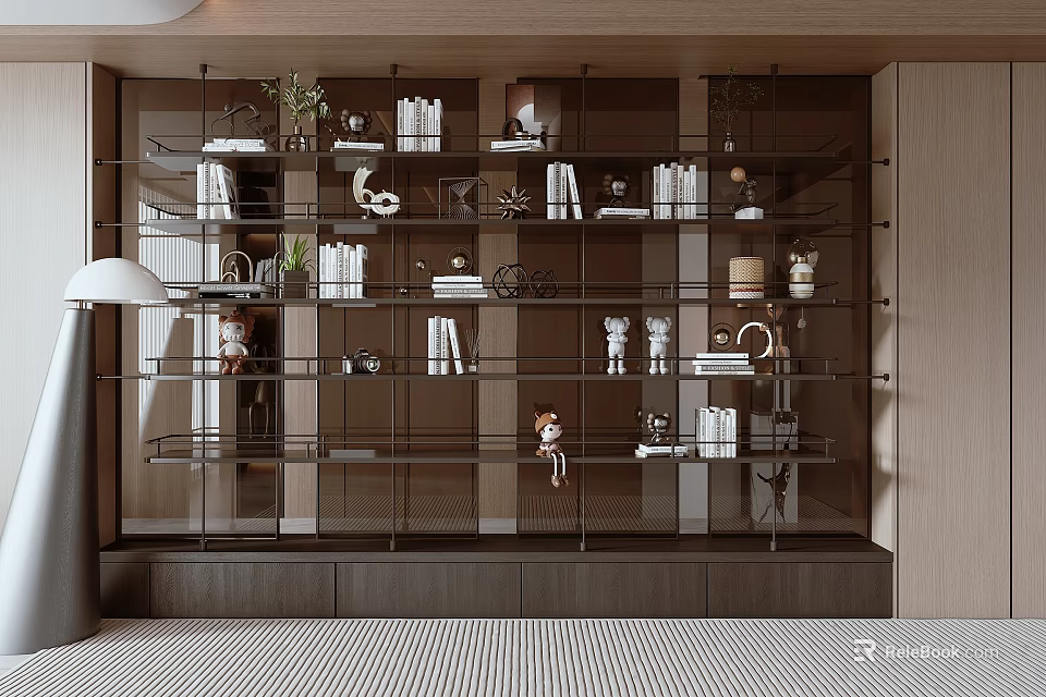 Modern Glass Shelf Bookcase With Wooden Base Decorative Items Books Plants And Doll 3d model 