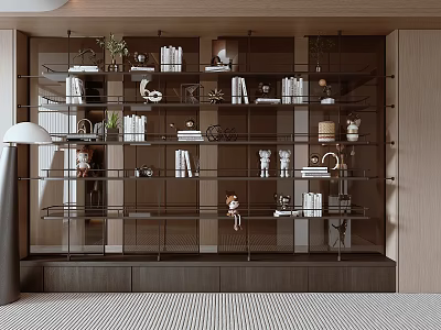 Modern Glass Shelf Bookcase With Wooden Base Decorative Items Books Plants And Doll 3d model