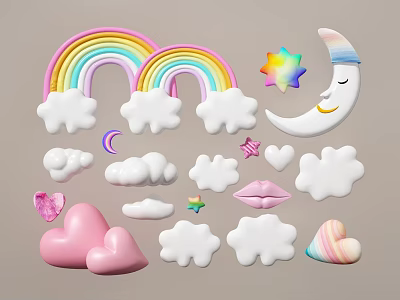 Cute Pastel Wall Decor With Rainbow Clouds Moon Stars Hearts Lips And Candy Shapes 3d model
