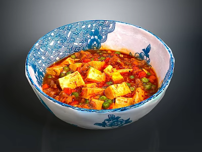 Authentic Mapo Tofu in Blue and White Patterned Bowl with Red Sauce Cubes and Vegetables 3d model