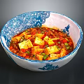 Authentic Mapo Tofu in Blue and White Patterned Bowl with Red Sauce Cubes and Vegetables