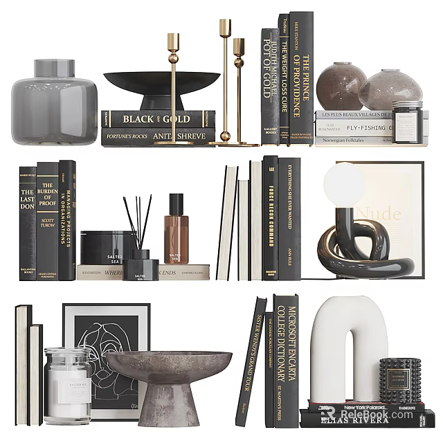 Stylish Decorative Ornaments Set With Stacked Books Ceramic Vase Geometric Sculptures And Metal Bowl 3d model 