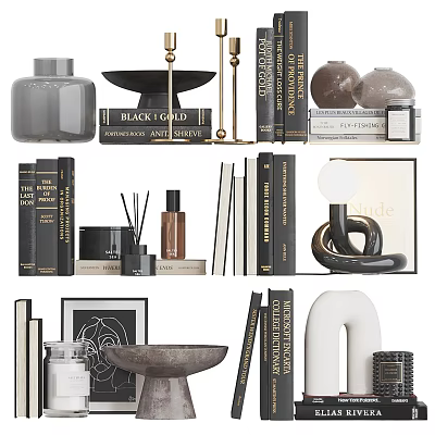 Stylish Decorative Ornaments Set With Stacked Books Ceramic Vase Geometric Sculptures And Metal Bowl 3d model