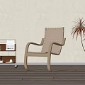 Leisure Chair With Wooden Frame And Woven Seat Next To Metal Cart And Potted Plant