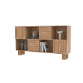 Wooden Bookcase with Drawers and Open Compartments for Books and Decorative Vases in Living Room