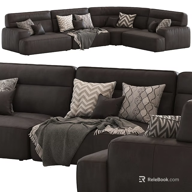 Comfortable Dark Brown Sectional Sofa With Patterned Pillows And Cozy Throw Blanket 3d model