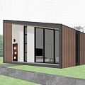 Modern Detached Villa Exterior With Large Glass Windows Wooden Panels And Green Lawn