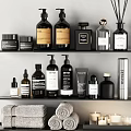 Essential Black Bathroom Accessories With Shelves Rolled Towels Toiletries Toilet Paper Holder And Trash Can
