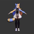 Anime Character With Feline Creature Features Blue Yellow Gradient Hair Long Coat Shorts Stockings Sneakers