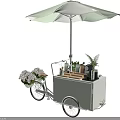 Stylish White Cart with Umbrella Displaying Flower Bouquet Green Plants and Drinks