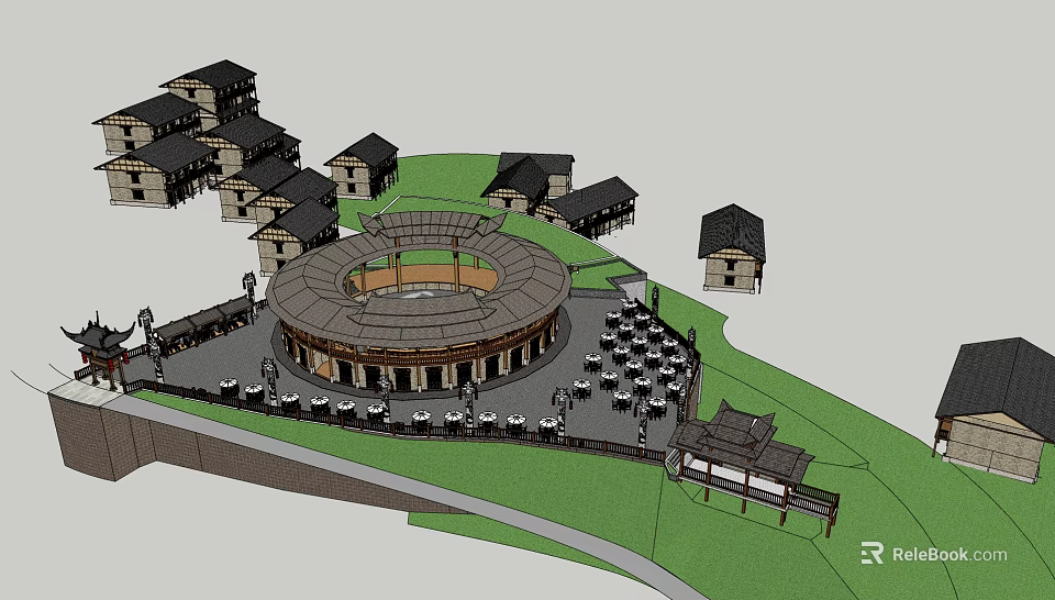 Traditional Village Layout With Circular Central Building Surrounding Houses And Green Area 3d model