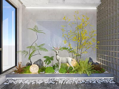 Garden Ornament Design With Deer Sculpture Ferns Yellow Flowering Tree Moss And Stones 3d model