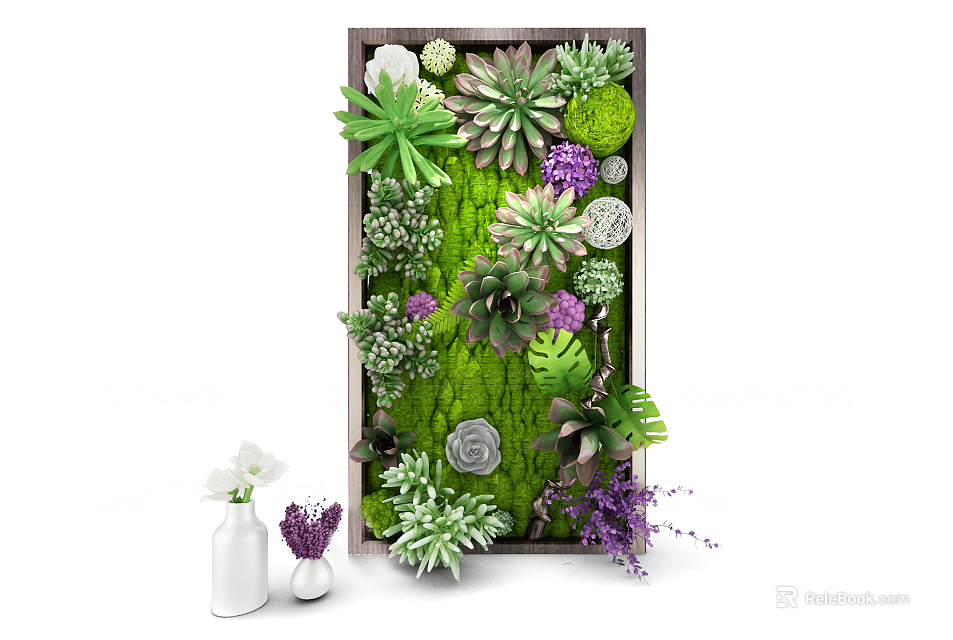 Living Plant Wall With Succulents Moss Purple Flowers Wooden Frame White Vases And Small Plants 3d model 