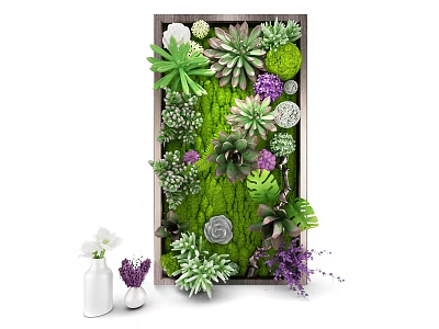 Living Plant Wall With Succulents Moss Purple Flowers Wooden Frame White Vases And Small Plants 3d model