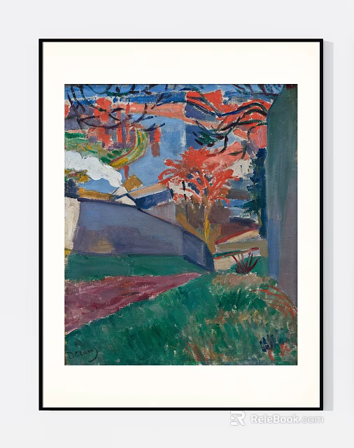 Vibrant Landscape Painting With Red Trees Green Grass And Blue Water Scene 3d model 