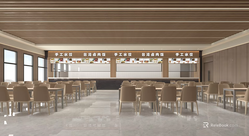 Spacious School Cafeteria Interior With Multiple Serving Windows And Arranged Tables And Chairs 3d model