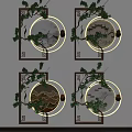 Chinese Style Circular Wall Decor Featuring Tree Branches Green Plants and Soft Lighting 3d model