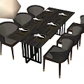 Rectangular Wooden Dining Table Set With Six Light Colored Upholstered Chairs Plates And Utensils 3d model