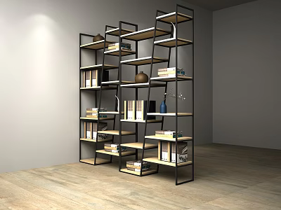 Modern Multi Tiered Bookcase With Metal Frame Wooden Shelves And Decorative Items 3d model