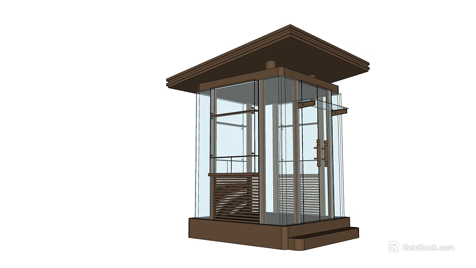 Modern Small Pavilion With Brown Roof Glass Walls Metal Frame And Platform Base 3d model 