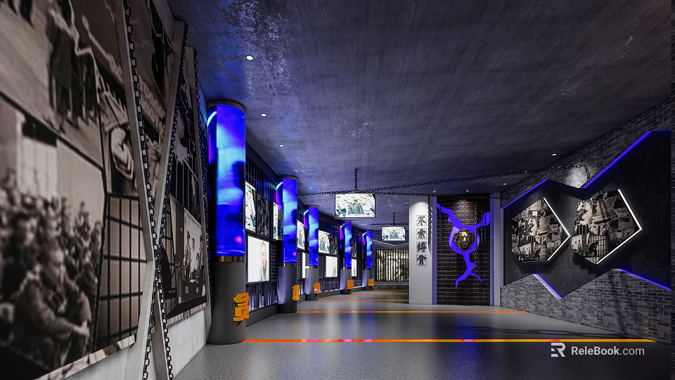 Exhibition Museum Corridor With Historical Photos Blue Lighting And Modern Decor 3d model 