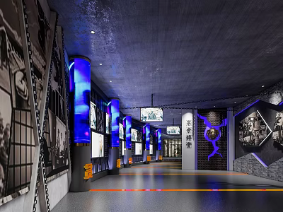 Exhibition Museum Corridor With Historical Photos Blue Lighting And Modern Decor 3d model