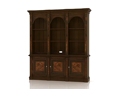 Classic Dark Brown Wooden Bookcase With Arched Open Shelves And Carved Cabinet Doors 3d model