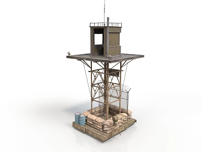 Industrial Monitoring Tower With Metal Platform and Elevated Cabin Base With Sandbags And Barrels 3d model