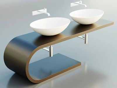Modern Double White Washbasins On Curved Black Countertop With Metal Brackets 3d model