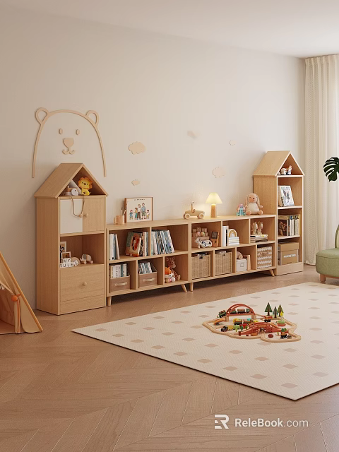 House Shaped Wooden Shelf in Kids Room with Toys Books Boxes and Cartoon Wall Decor 3d model 