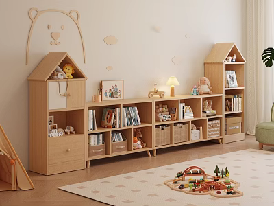 House Shaped Wooden Shelf in Kids Room with Toys Books Boxes and Cartoon Wall Decor 3d model
