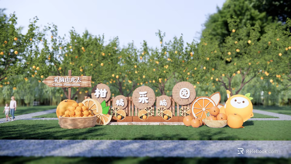 Vibrant Citrus Festival Scene In Orchard With Fresh Citrus Baskets And Wooden Signs 3d model 