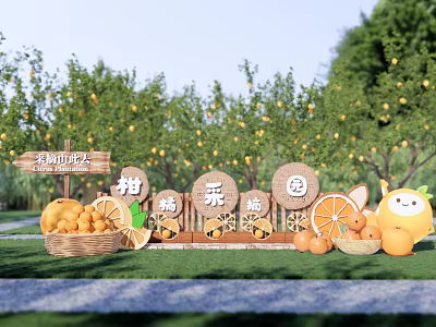 Vibrant Citrus Festival Scene In Orchard With Fresh Citrus Baskets And Wooden Signs 3d model