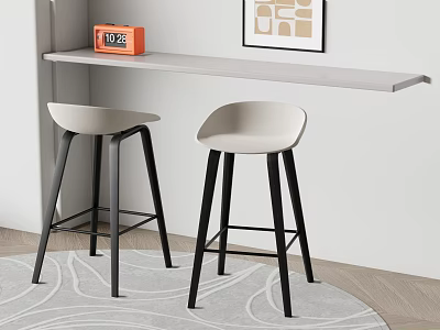 Modern Ivory Bar Stools With Black Metal Legs By Light Gray Countertop And Orange Clock 3d model