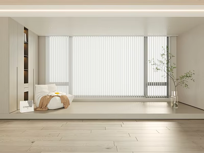 Stylish White Horizontal Blinds For Modern Bedroom Large Window With Wooden Floor 3d model