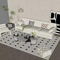 Modern White Sofa And Coffee Table Set With Decorative Pillows Patterned Rug And Abstract Art
