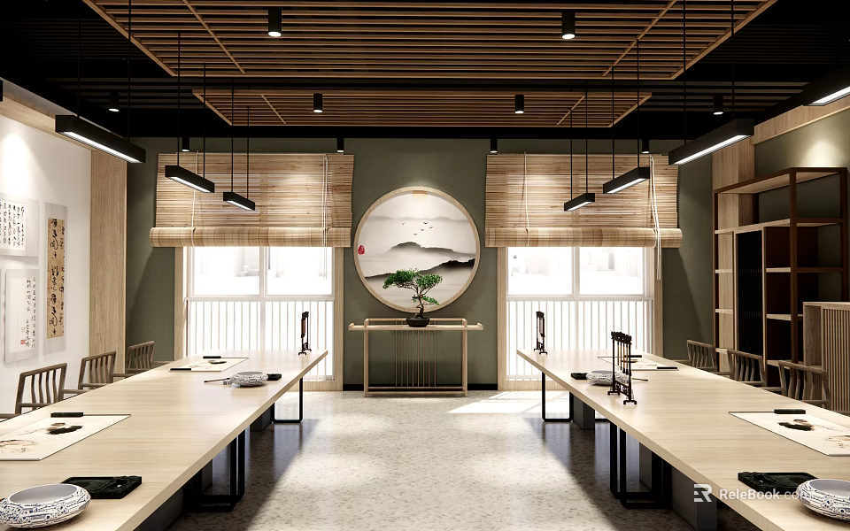 School Traditional Culture Classroom with Long Wooden Tables Bamboo Blinds and Round Landscape Painting 3d model 