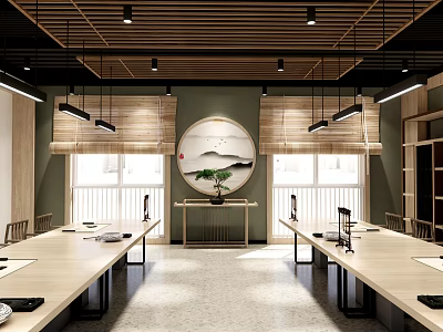 School Traditional Culture Classroom with Long Wooden Tables Bamboo Blinds and Round Landscape Painting 3d model