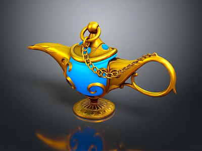 Mythical Genie Creature With Golden Magic Lamp Blue Ornate Chain And Decorative Base 3d model