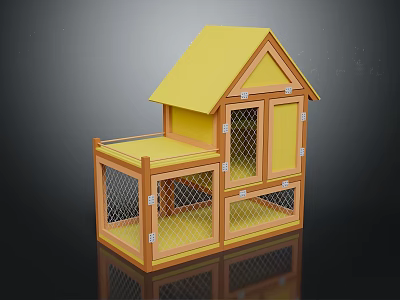 Animal Two Story Wooden Cage With Yellow Roof Mesh Door And Balcony For Small Pets 3d model