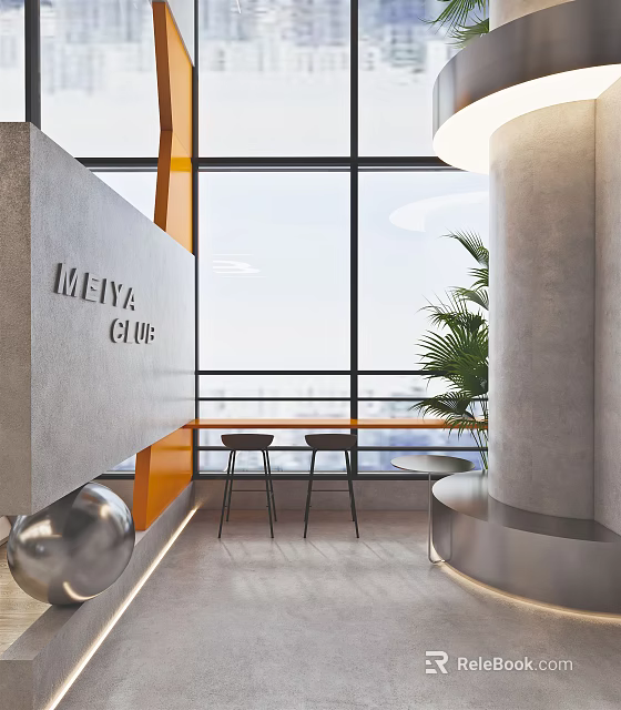 Meiya Club Modern Lounge Area with Large Windows Stools Table and Green Plant 3d model 