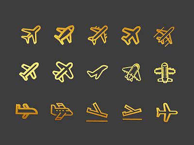 Golden Airplane Icons Set With Various Styles And Design Elements 3d model