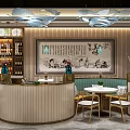 Modern Chinese Restaurant Interior With Curved Golden Counter Green Seats And Chandeliers