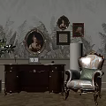 Antique Dresser With Framed Portraits Green Plant Ornate Chair And Wallpaper Backdrop