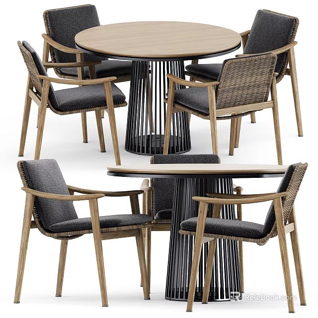 Round Wooden Dining Table Set With Black Slatted Base And Woven Seat Gray Cushion Chairs 3d model 