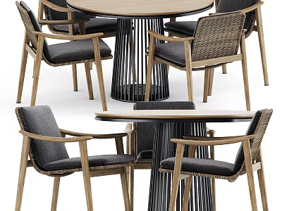 Round Wooden Dining Table Set With Black Slatted Base And Woven Seat Gray Cushion Chairs 3d model