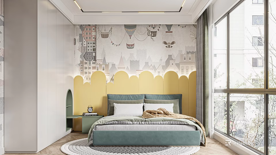 Playful Children's Room With Cartoon Wallpaper Yellow Headboard Blue Bed And Round Carpet 3d model 