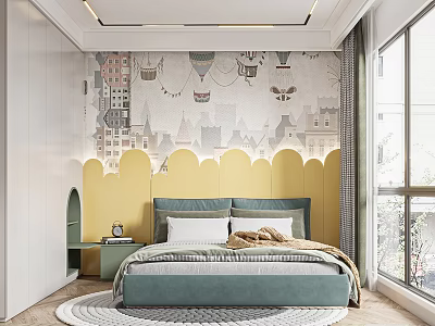 Playful Children's Room With Cartoon Wallpaper Yellow Headboard Blue Bed And Round Carpet 3d model