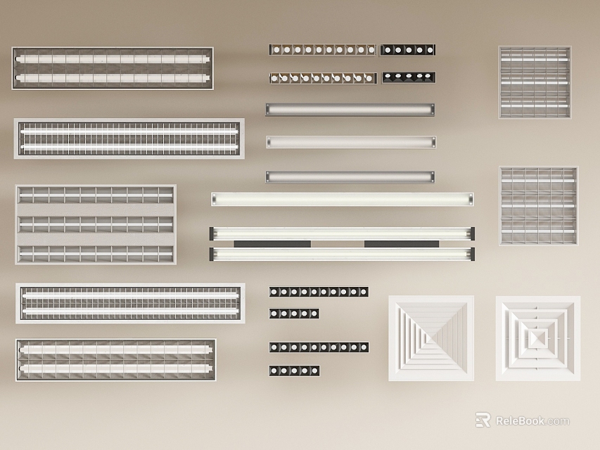 Ceiling Lighting Fixture Combinations With Various Grille Panel Strip And Square Designs 3d model 