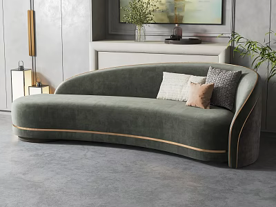 Green Curved Sectional Sofa With Gold Trim And Decorative Pillows In Modern Interior 3d model